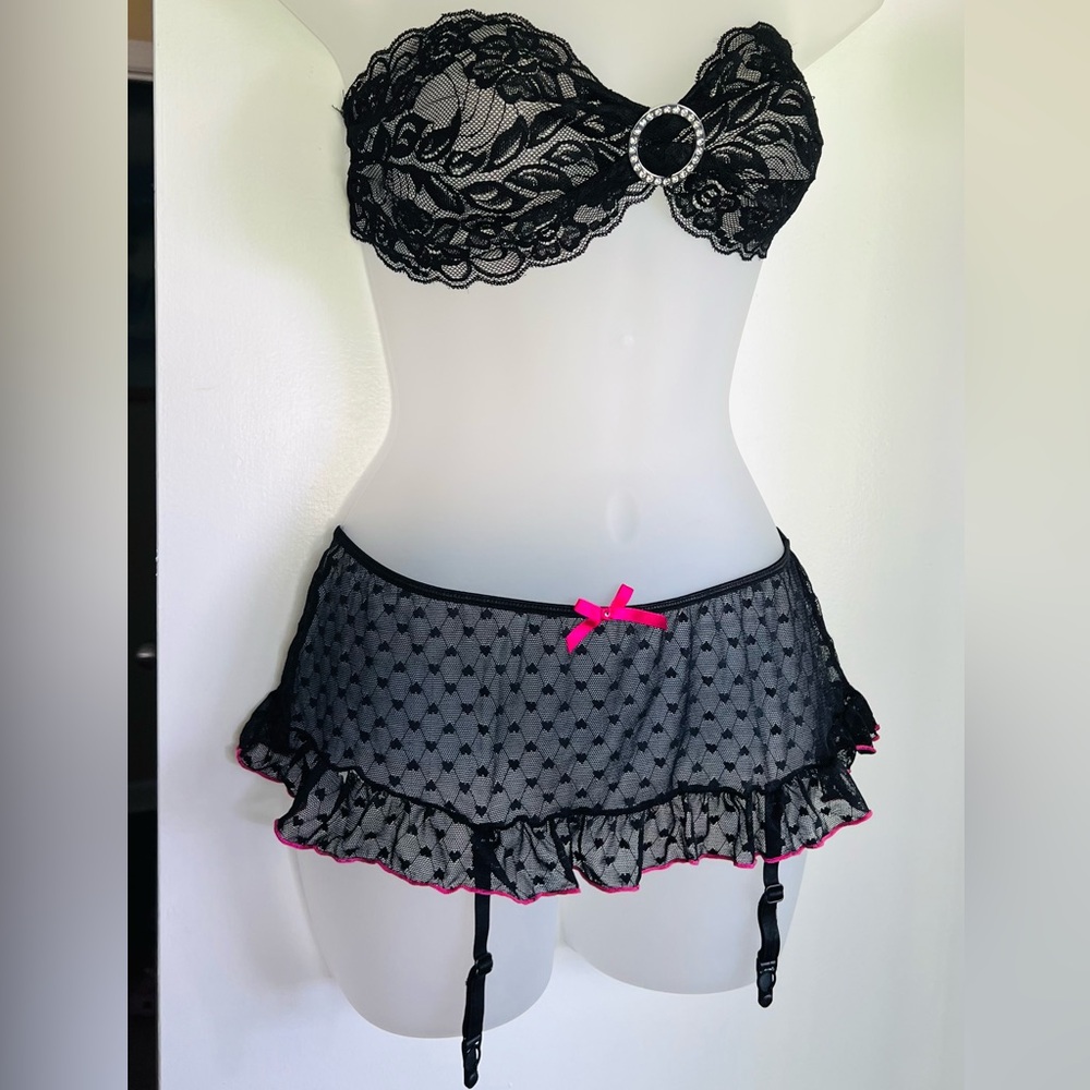 Black lace rhinestones tubetop and pink bow skirt lingerie set